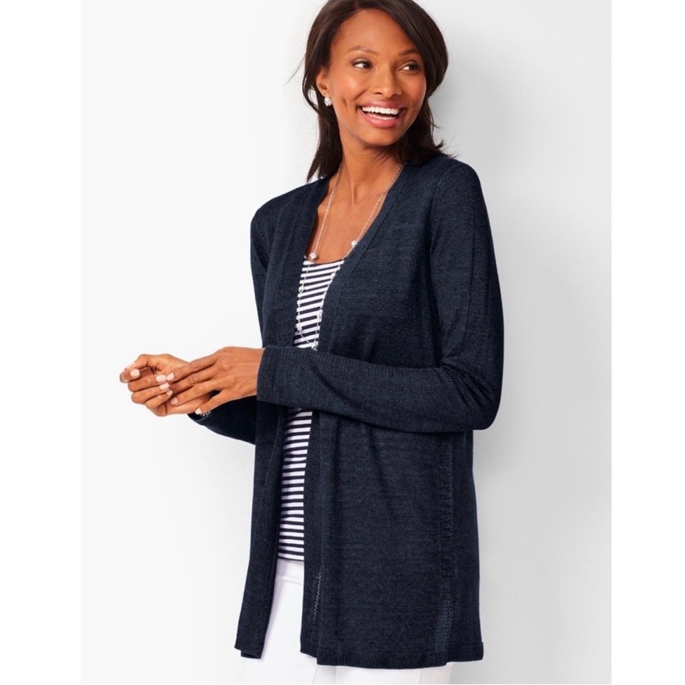 Talbots Navy Blue Knit 100% Linen Open Cardigan. Size Small